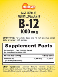 Thumbnail for Sundance B-12 Methylcobalamin 1,000 mcg | 150 Fast Dissolve Tablets | Natural Berry Flavor | Vegetarian, Non-GMO, and Gluten Free Essential Vitamin Supplement