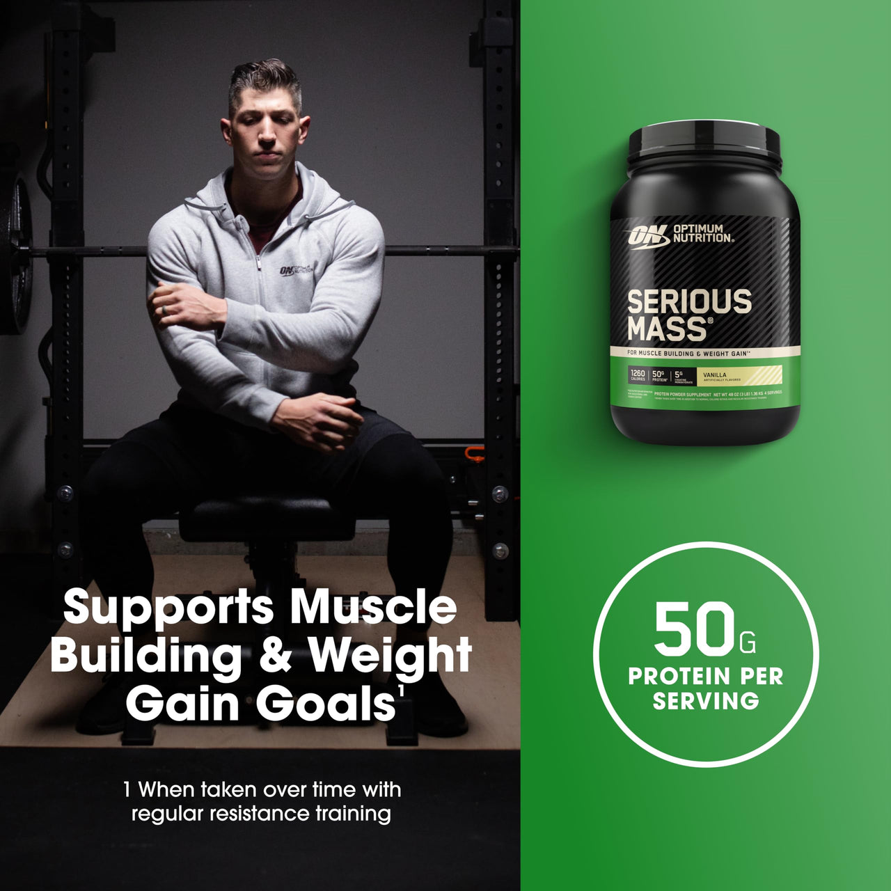 Optimum Nutrition Serious Mass, Weight Gainer Protein Powder, Mass Gainer, Vitamin C and Zinc for Immune Support, Creatine, Vanilla, 3 Pound (Packaging May Vary)