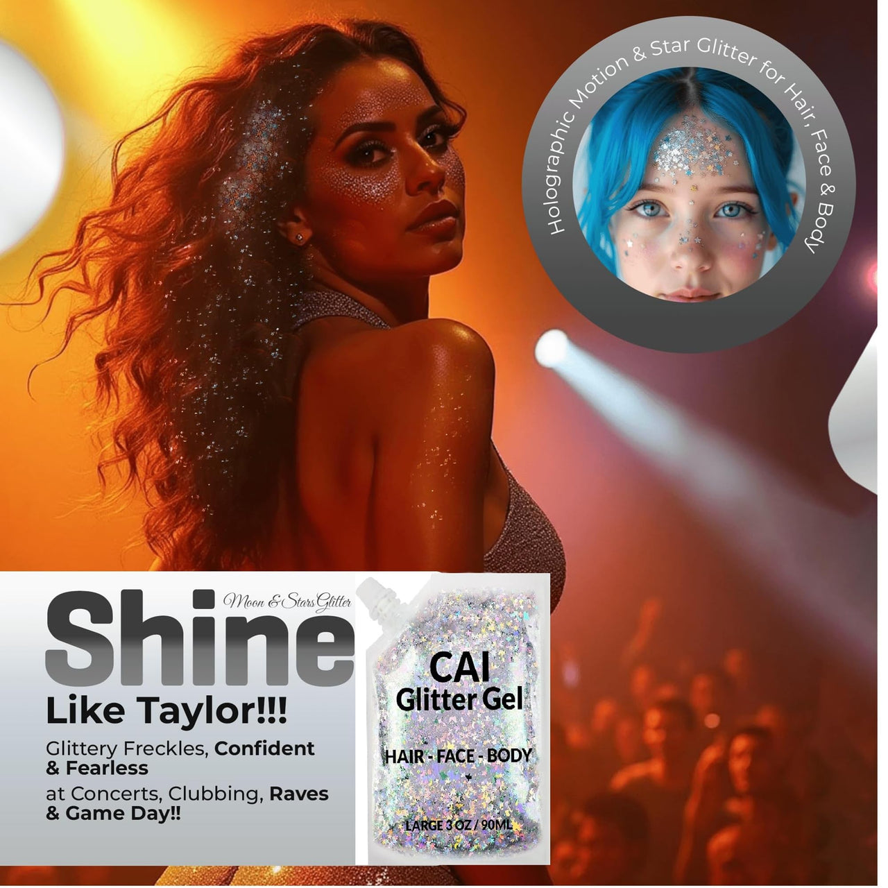 Face, Body & Hair Glitter Gel – Rave Glitter for Kids and Women – 3 Oz Cosmetic-Grade Gel w/Moon & Stars for Festivals & Halloween Party, Easy Apply & Wash Off - Silver 1Pack