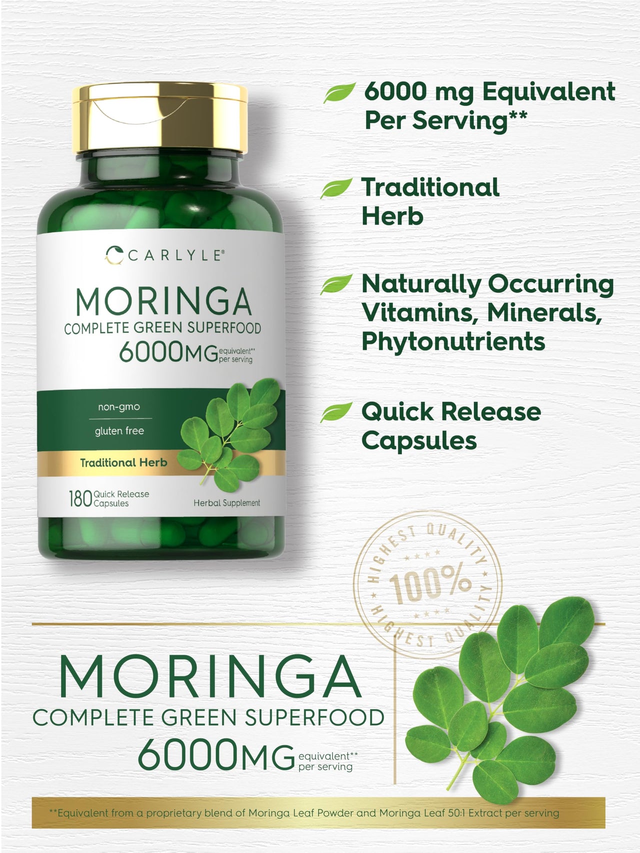Carlyle Moringa Oleifera Supplement | 180 Capsules | Complete Green Superfood for Women and Men | Non-GMO and Gluten Free | from Moringa Leaf Powder