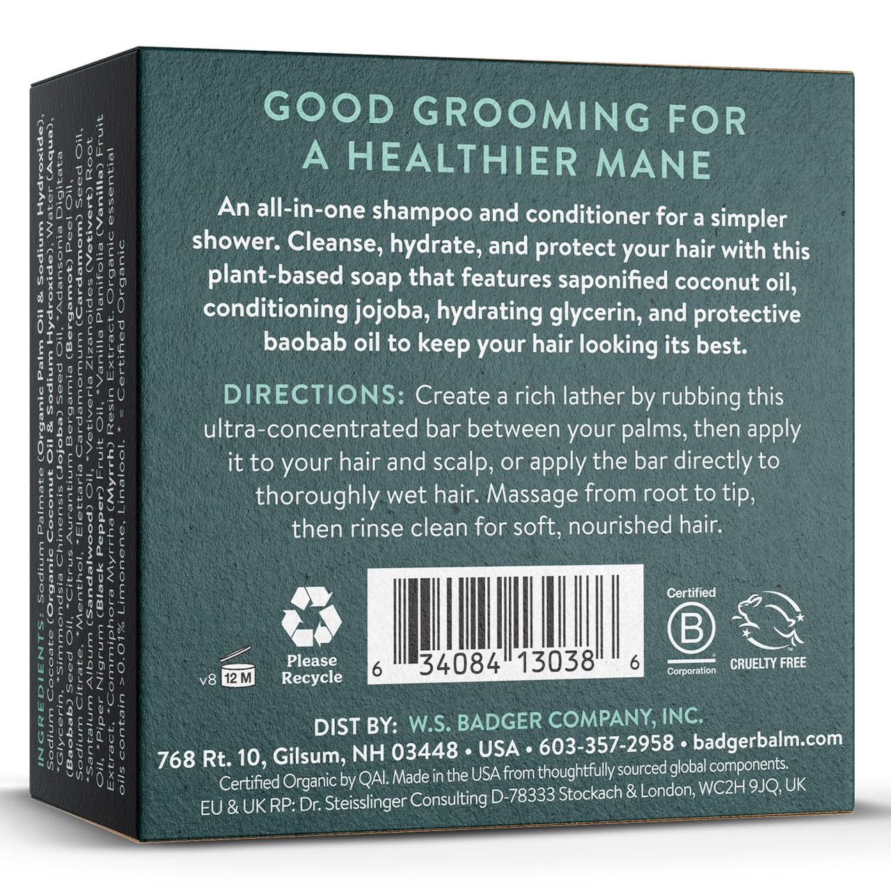Badger - Jojoba & Baobab Conditioning Shampoo Bar, Natural Vegan Hair Bar, 3 oz