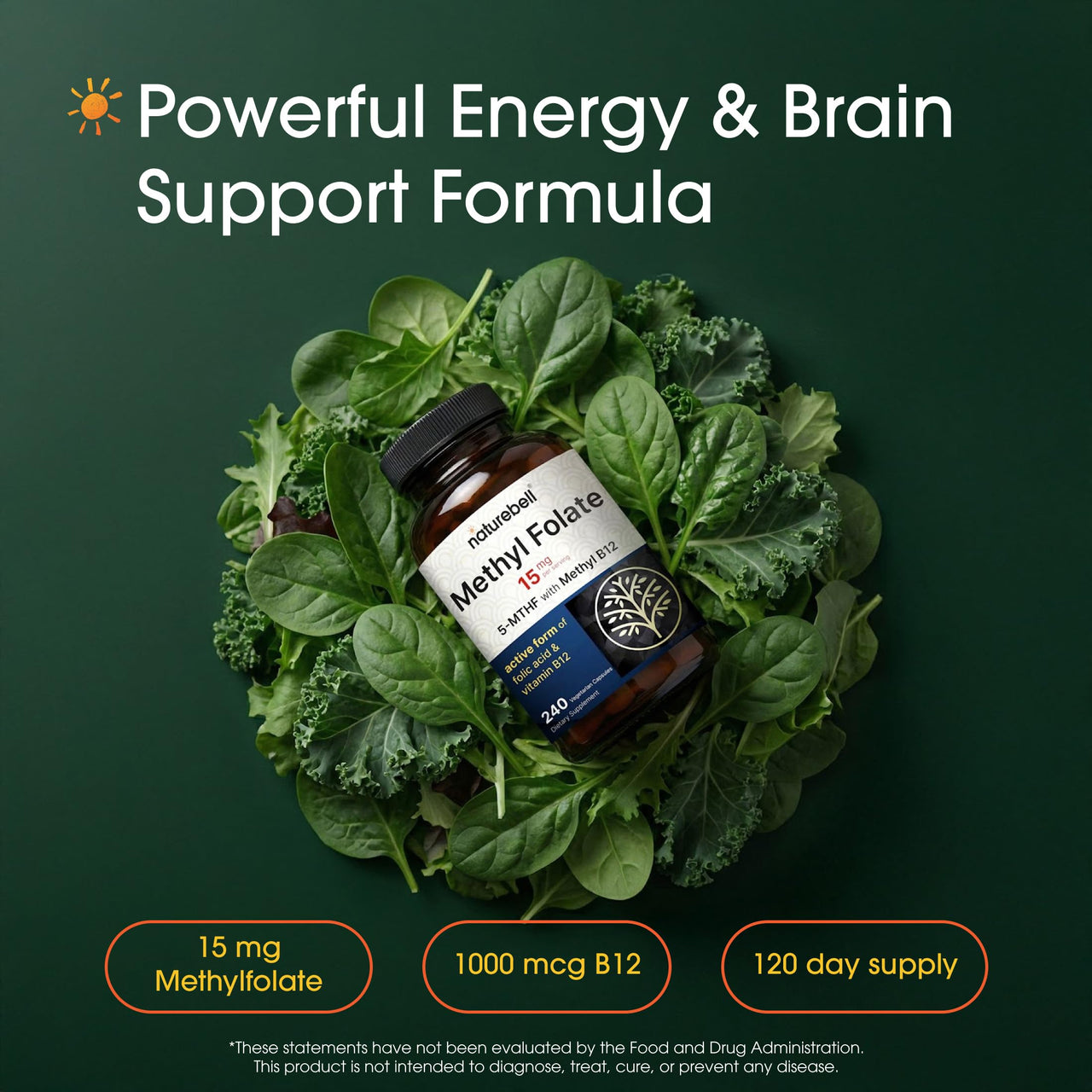 NatureBell Methyl Folate 15mg - 240 Capsules - 5-MTHF with Methyl B12-15mg L-Methylfolate & 1,000mcg Vitamin B12 - Energy & Cognitive Support Supplement* - Gluten-Free & Non-GMO
