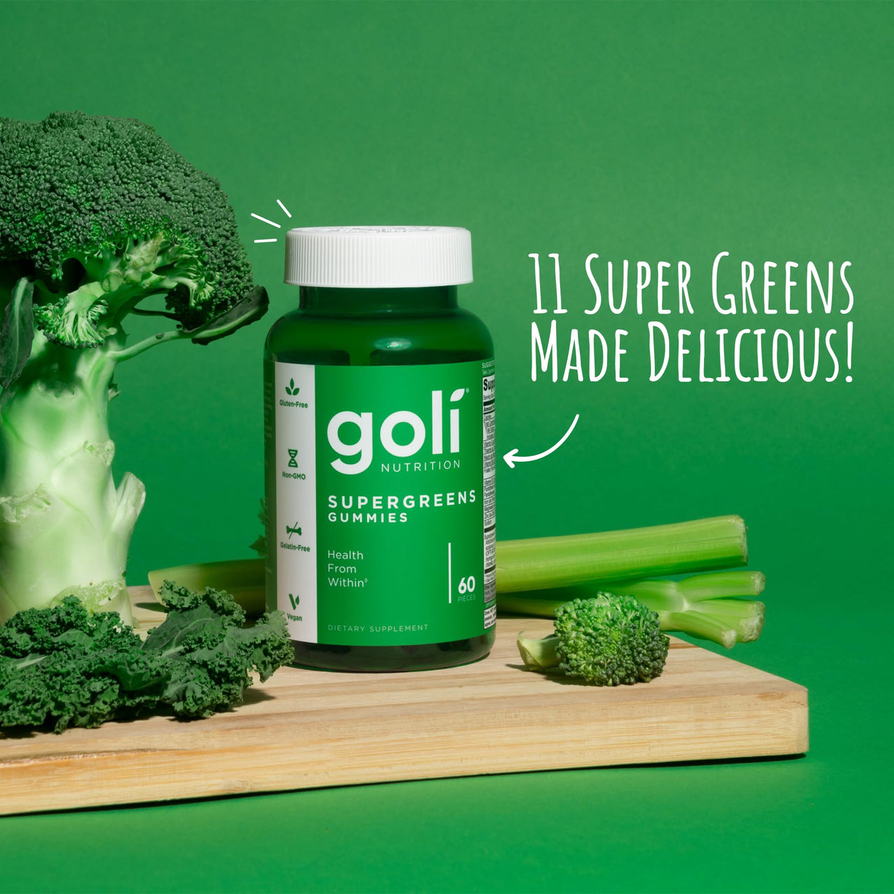 Goli Supergreens Gummies with Probiotics - Artichoke Leaf Extract, Spirulina, Kale, Vitamins A, B6, B12 - Vegan, Gluten-Free, Non-GMO