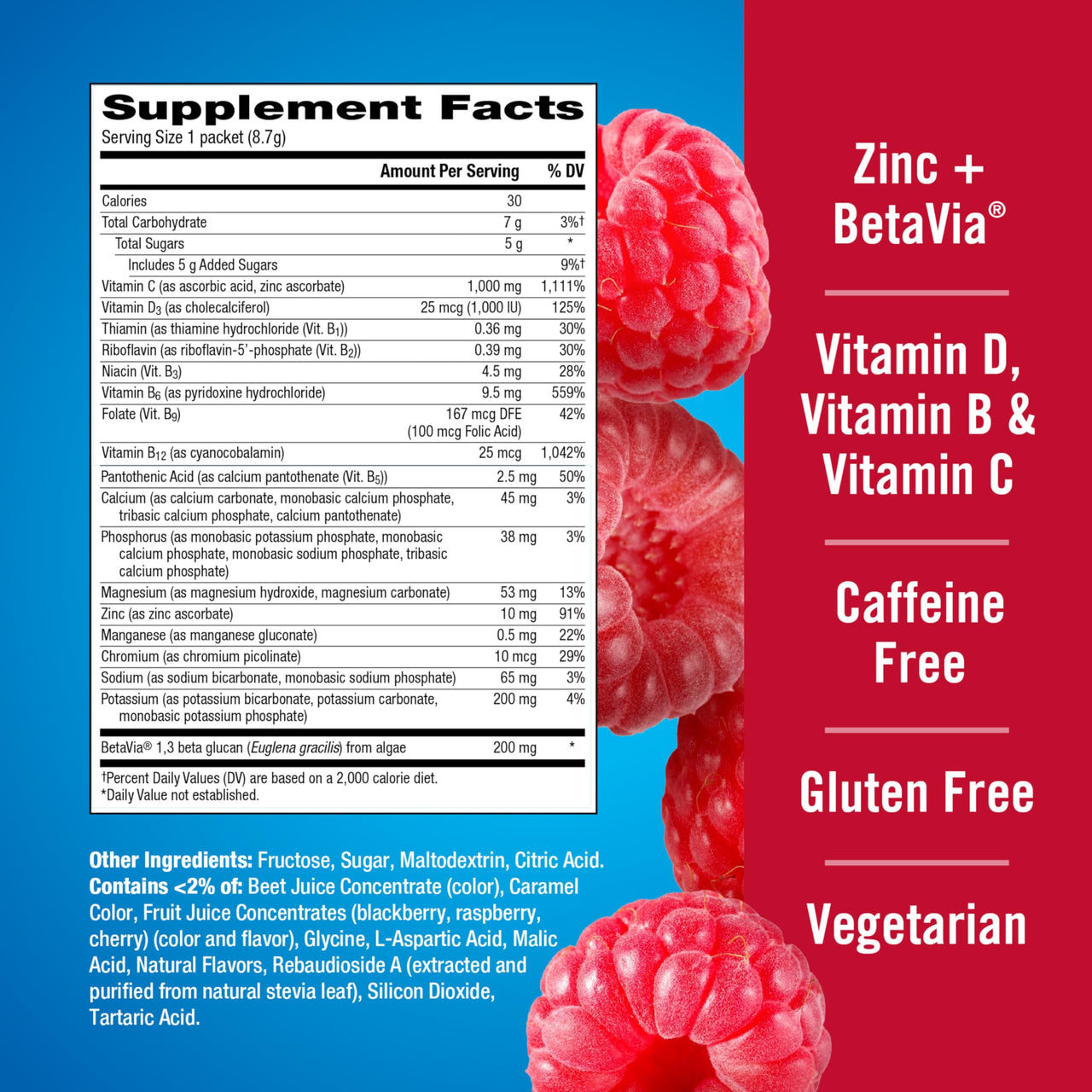 Emergen-C Immune+ Triple Action Immune Support Powder, BetaVia (R), 1000mg Vitamin C, B Vitamins, Vitamin D and Antioxidants, Raspberry – 30 Count