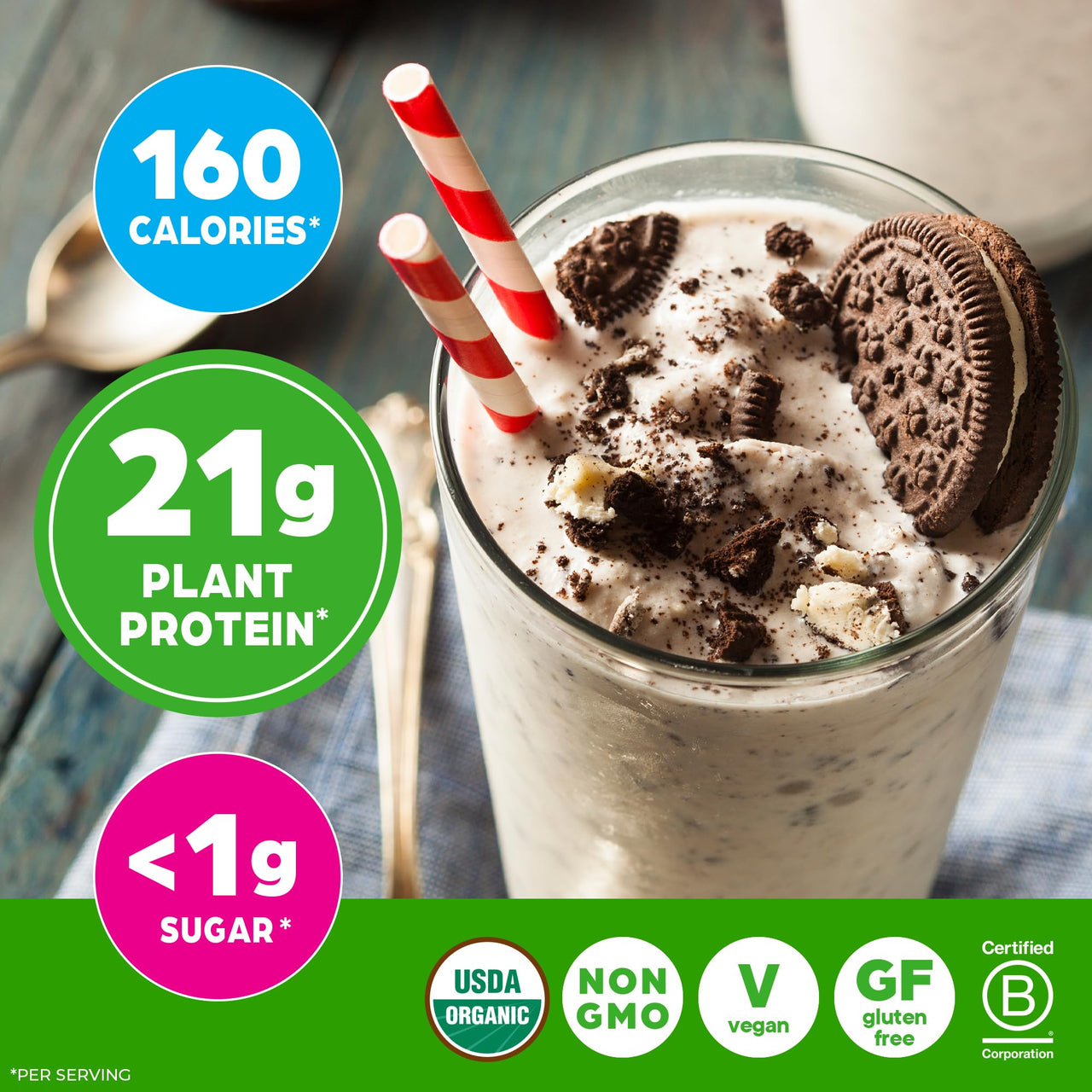 Orgain Organic Vegan Protein Powder, Cookies & Cream - 21g Plant Based Protein, 7g Prebiotic Fiber, Low Net Carb, No Lactose Ingredients, No Added Sugar, Non-GMO, For Shakes & Smoothies, 2.03 lb