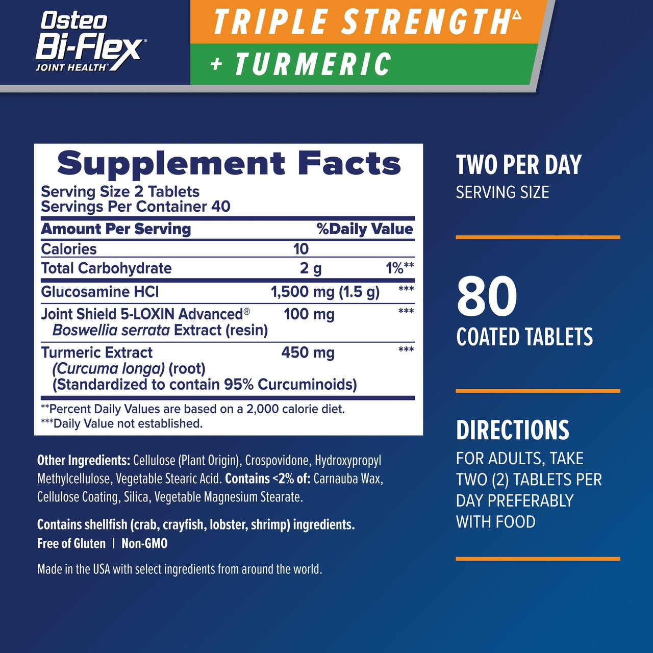 Osteo Bi-Flex Triple Strength Glucosamine Supplement with Turmeric Extract, Improve Joint Function, Antioxidant Power, 80 Coated Tablets
