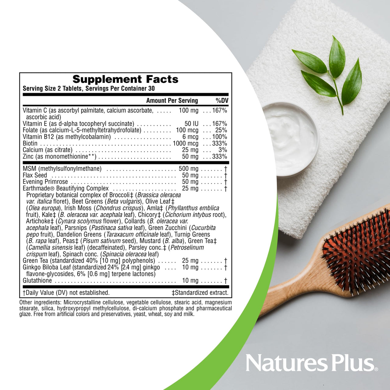 Natures Plus Hair, Skin & Nails - 60 Vegan Tablets - Provides Strength and Elasticity to Hair Skin & Nails - Vegetarian, Gluten-Free - 30 Servings