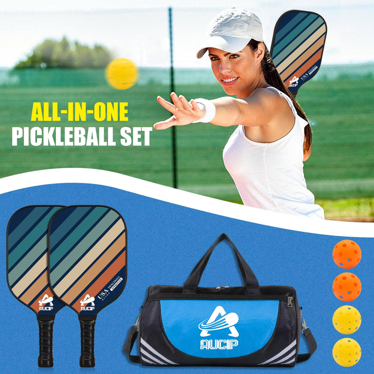 USAPA Approved Pickleball Paddle Set - 2 Pack of PP Honeycomb Core Fiberglass Surface Paddles, Lightweight Pickleball Kit with Breathable Handle, Includes 2 Paddles, 4 Balls, 2 Tapes, and 1 Bag