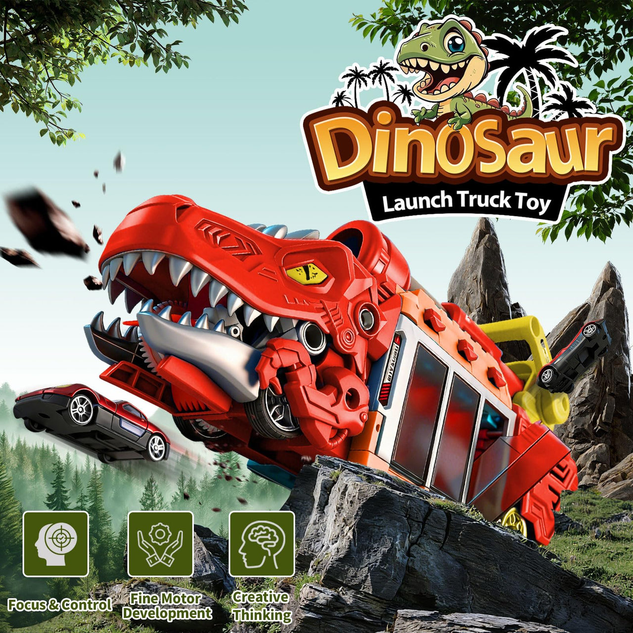 LUCKFUTURE Dinosaur Truck Toy, Red T-Rex with Car Launcher - Shoots Matchbox Cars & Balls, Action Play Dino Truck Gift for Boys Girls 3-7 Years Old