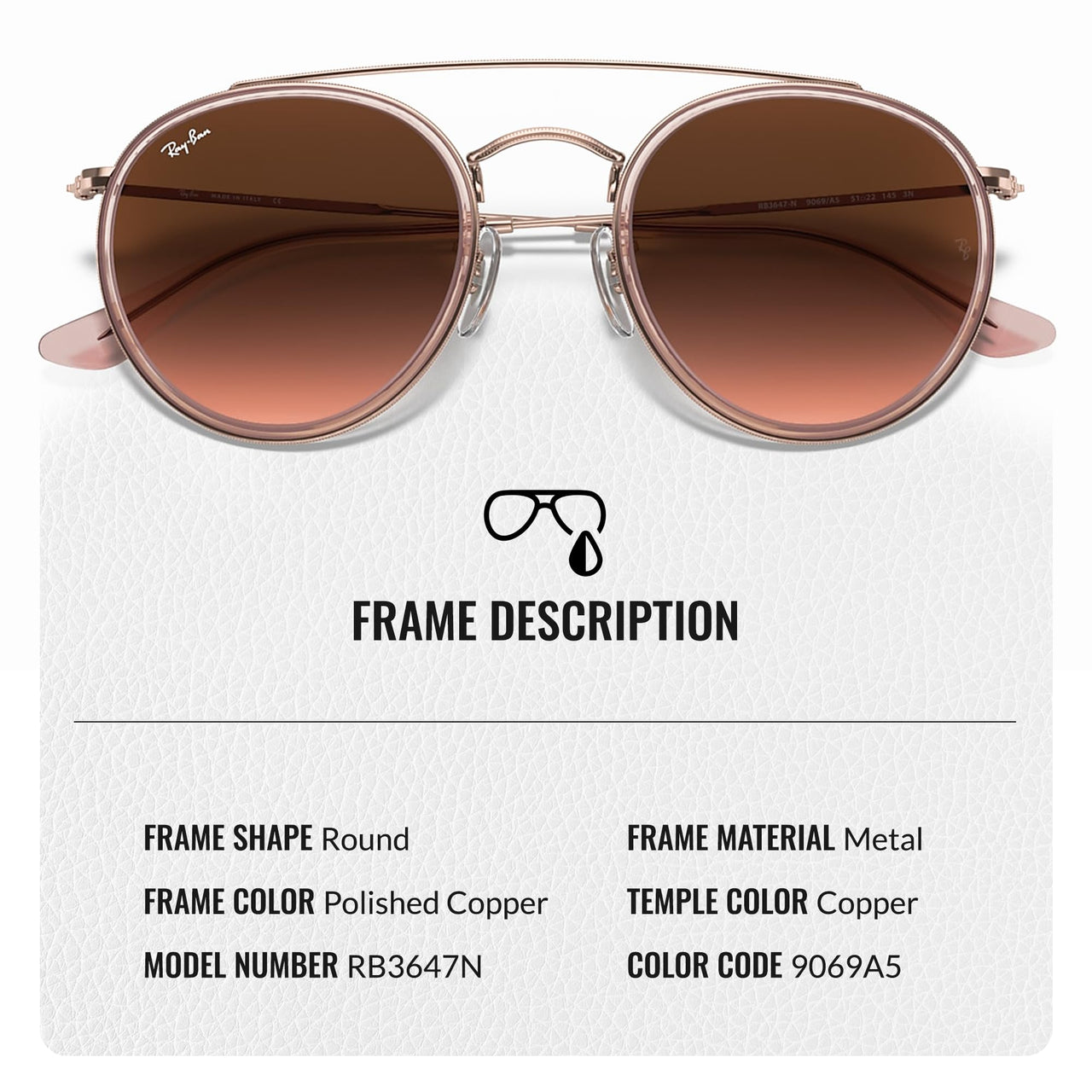 Ray-Ban RB3647N ROUND DOUBLE BRIDGE Round Shaped Non-Polarized Sunglasses for Men & Women – Includes Official RAYBAN Eyewear Kit – Ideal Formal & Casual Wear Sunglasses – Brown Gradient Lens