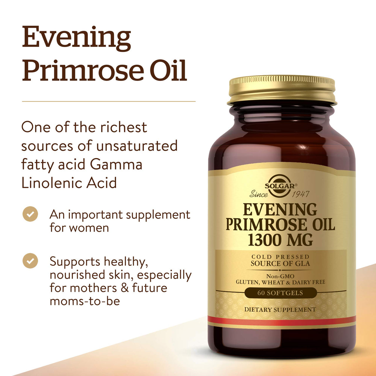 Solgar Evening Primrose Oil 1300 mg, 60 Softgels - Promotes Healthy Skin - Nutritional Support for Women - Non-GMO, Gluten Free, Dairy Free - 60 Servings