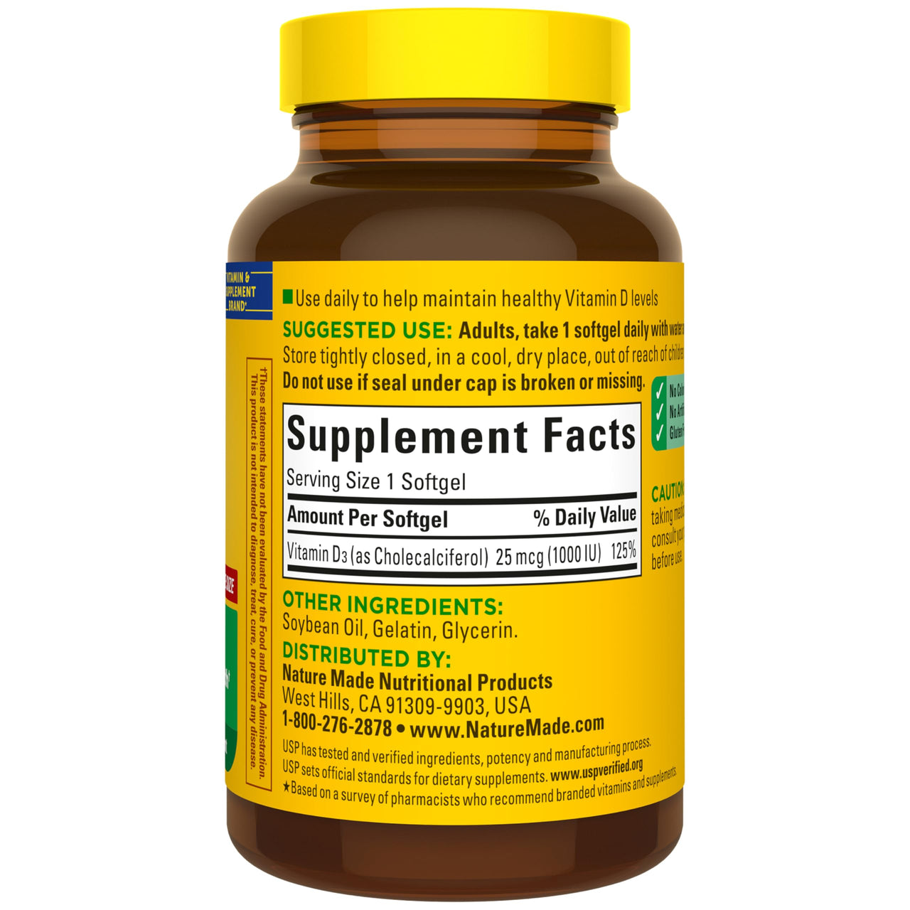 Nature Made Vitamin D3 1000 IU (25 mcg), Vitamin D Supplement for Bone, Teeth, Muscle and Immune Health Support, 180 Softgels, 180 Day Supply