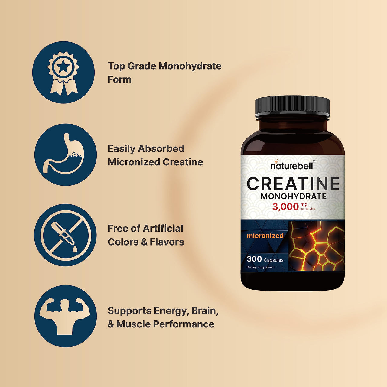 NatureBell Creatine Monohydrate Capsules 3,000mg Per Serving, 300 Count | Micronized, Unflavored Creatine Pills | Pre-Workout & Muscle Strength Support | Easy to Swallow, Filler-Free | 50 Servings