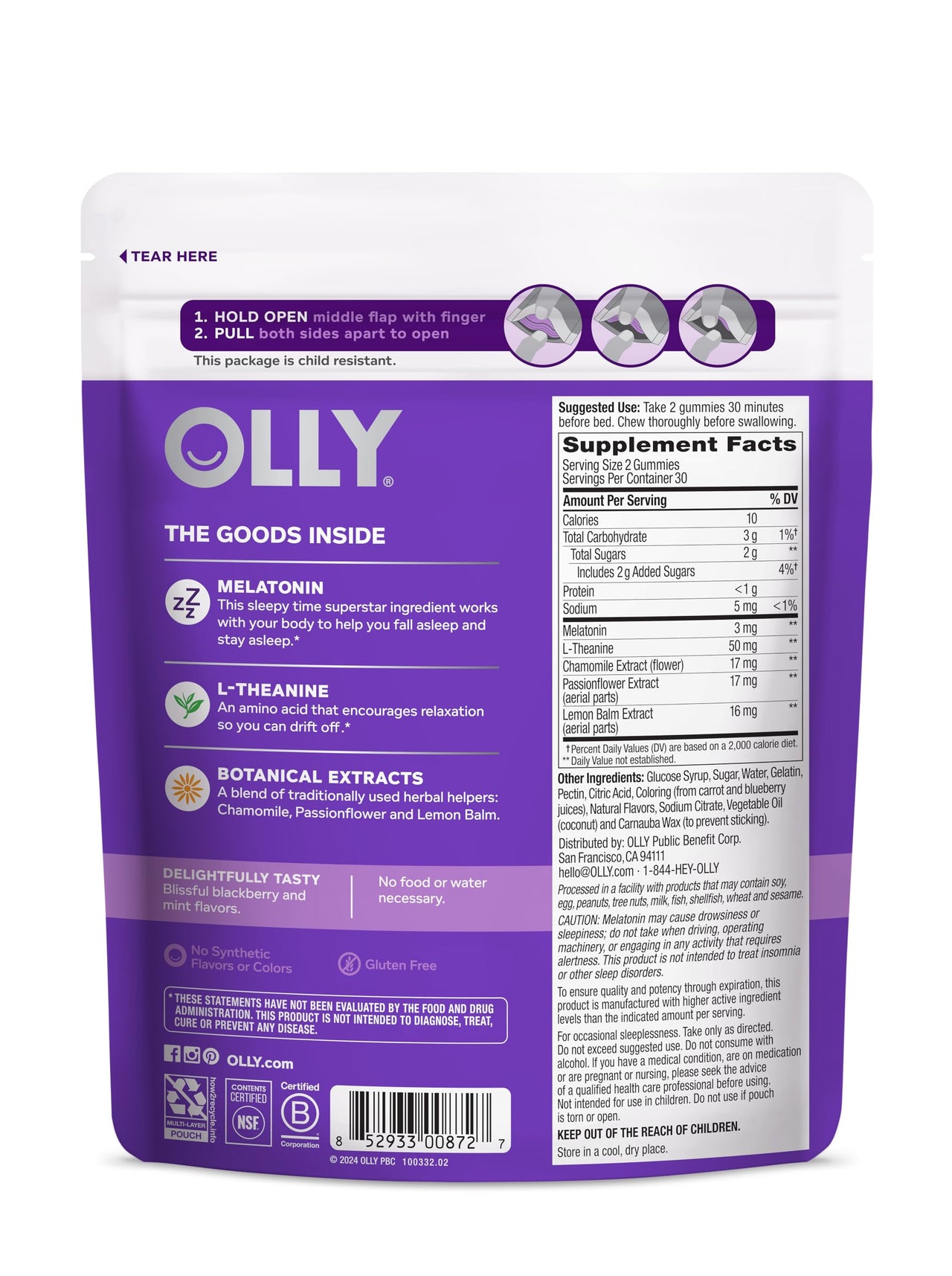 OLLY Sleep Gummy, 3 mg Melatonin, L-Theanine, Chamomile, and Lemon Balm Extracts, Blackberry Flavor, 30 Day Supply - 60 Count