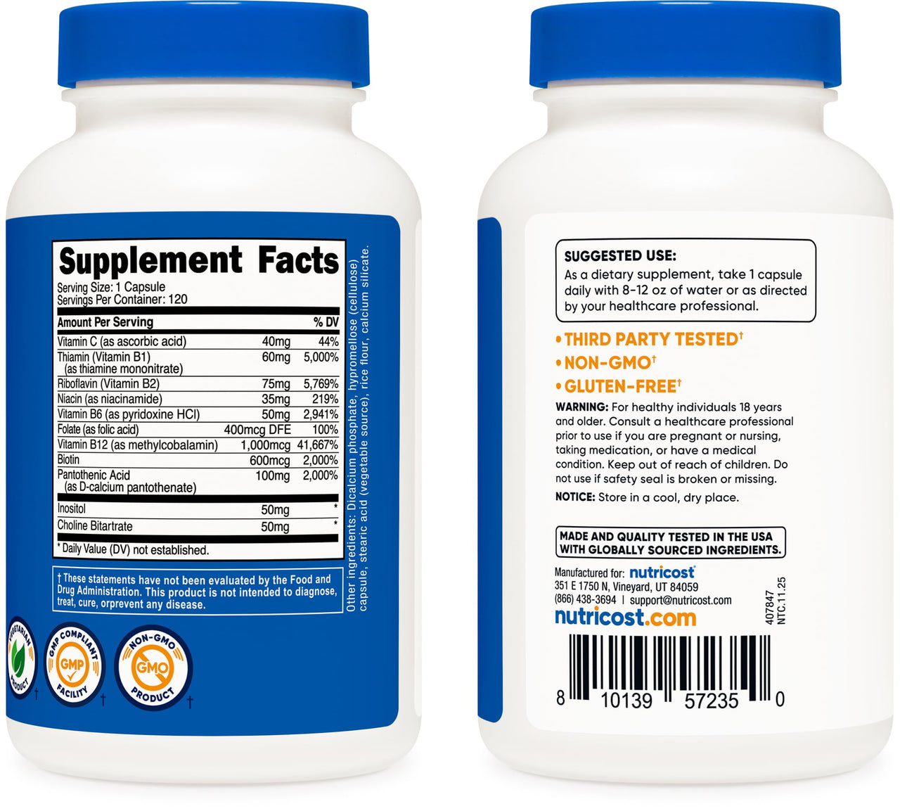 Nutricost High Potency Vitamin B Complex 462mg, 120 Capsules - with Vitamin C - Energy Complex