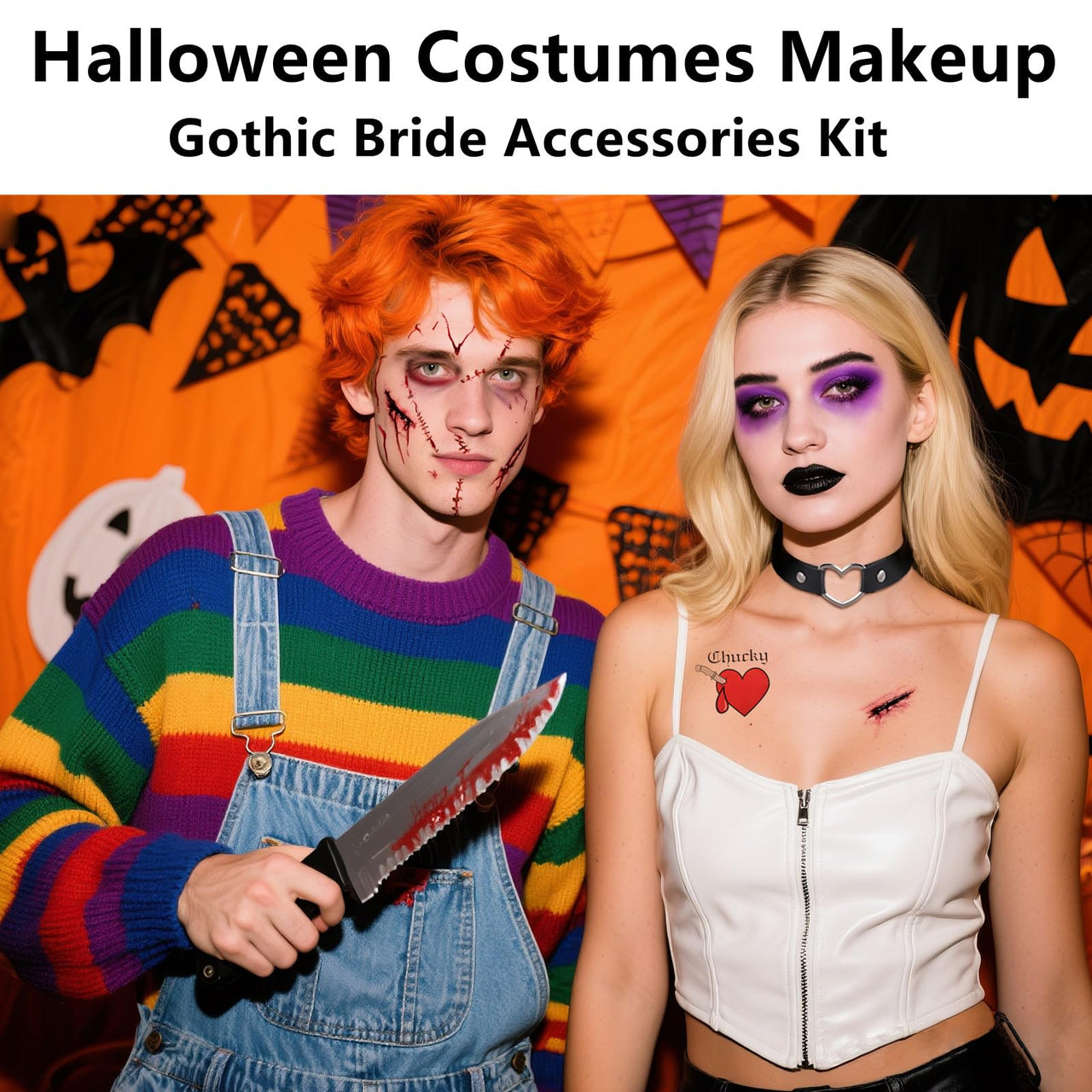 Go Ho Horror Bride Body Paint Makeup Set with Black Lipstick, Adjustable PU Leather Choker, Fake Blood Spray, 3PC Bloody Love Stickers - Halloween Costumes Gothic Bride Punk Accessories Kit