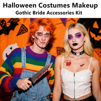 Thumbnail for Go Ho Horror Bride Body Paint Makeup Set with Black Lipstick, Adjustable PU Leather Choker, Fake Blood Spray, 3PC Bloody Love Stickers - Halloween Costumes Gothic Bride Punk Accessories Kit