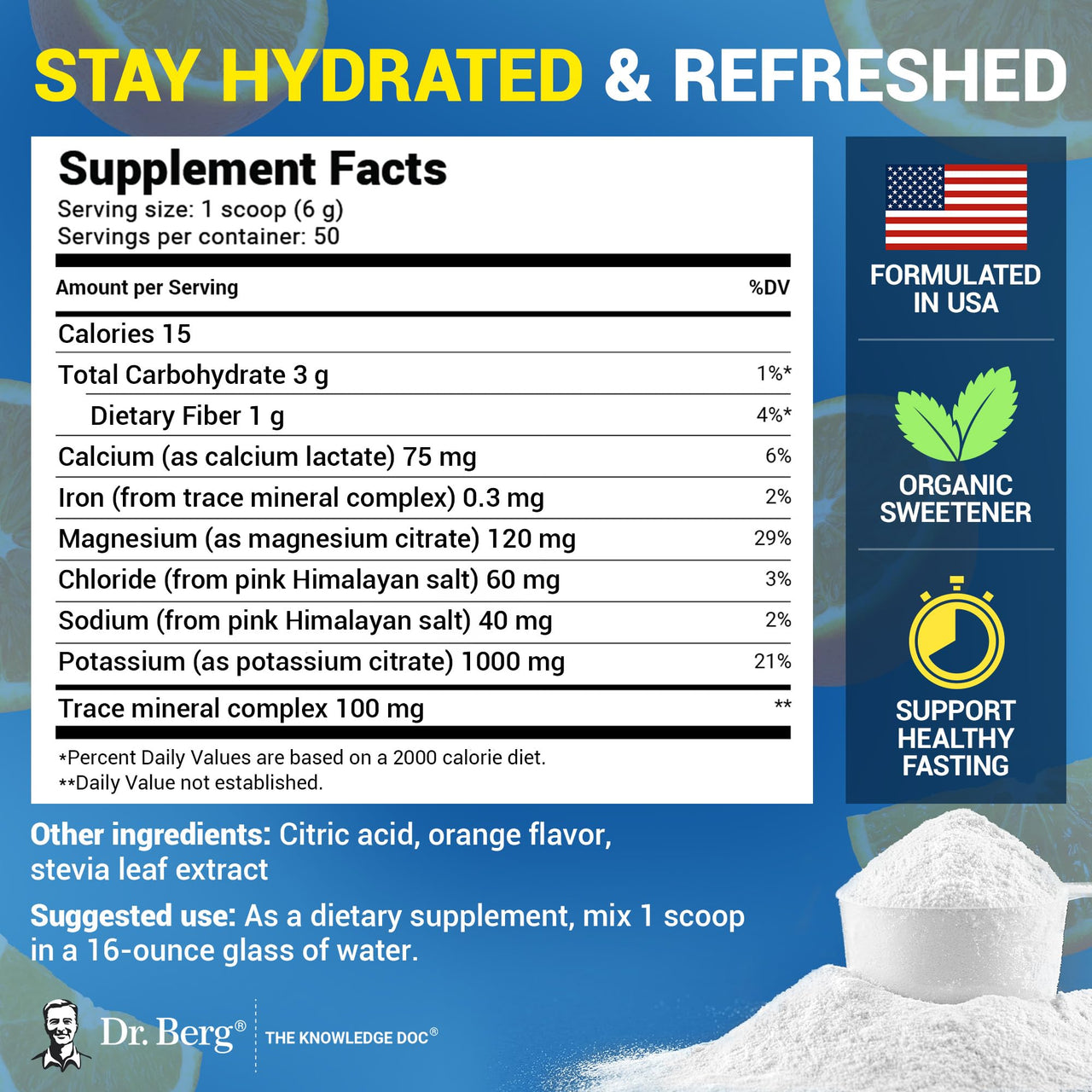 Dr. Berg Zero Sugar Hydration Keto Electrolyte Powder - Enhanced w/ 1000 mg of Potassium & Real Pink Himalayan Salt (NOT Table Salt) - Orange Flavor Hydration Drink Mix Supplement - 50 Servings