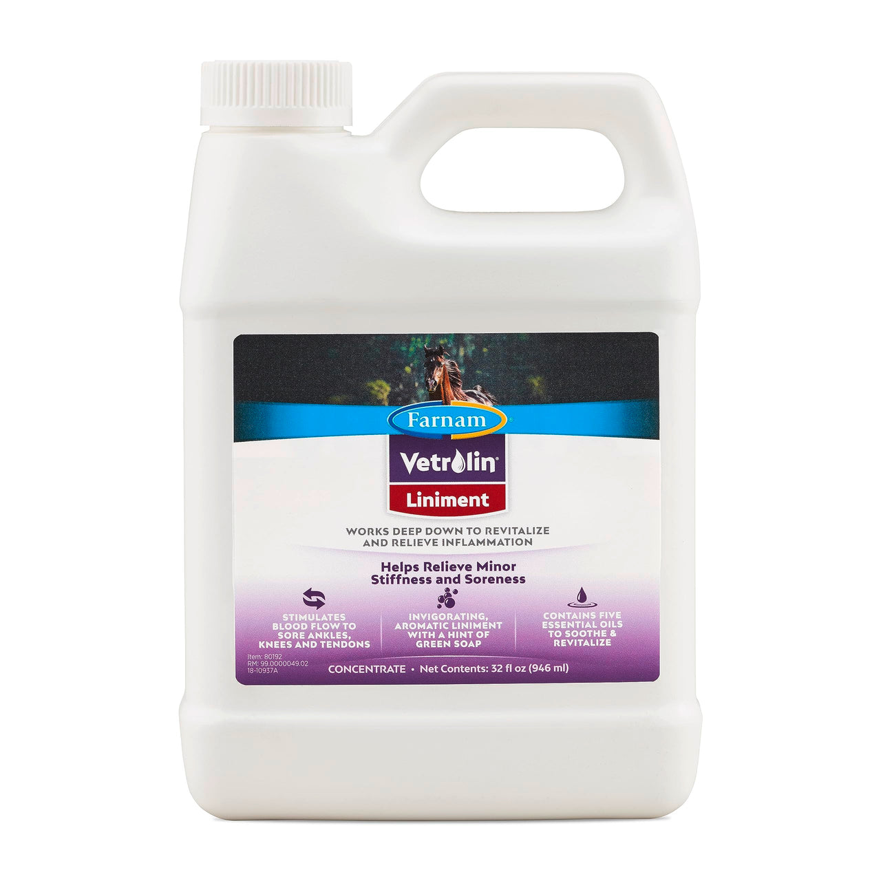 Farnam Vetrolin Horse Liniment for Muscle Soreness, Stiffness and Inflammation Relief on Horses, Helps Reduce Swelling, Aids in Pain Relief, 32 Oz.