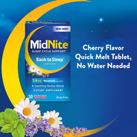 Thumbnail for MidNite Back to Sleep Low Dose, 1.5 mg Melatonin Sleep Aid, Non-Habit Forming, Herbal Dietary Supplement for Adults, Drug-Free, Gluten-Free, Lactose-Free, Vegetarian, Vegan, 30 Quick Melt Tablets