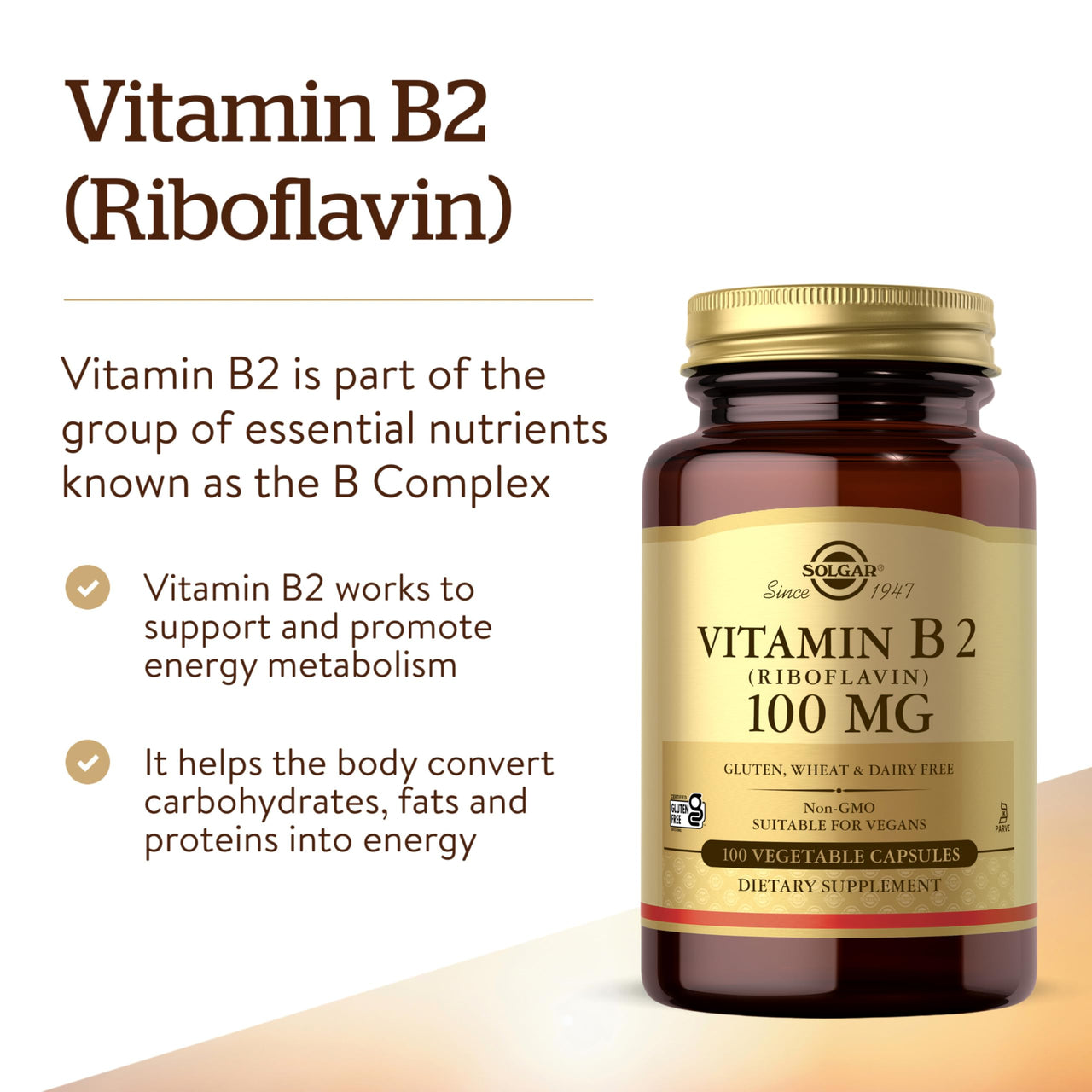 Solgar Vitamin B2 (Riboflavin) 100mg, 100 Vegetable Capsules - Energy Metabolism, Healthy Nervous System - Non-GMO, Vegan, Gluten Free, Dairy Free, Kosher - 100 Servings