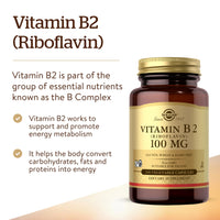 Thumbnail for Solgar Vitamin B2 (Riboflavin) 100mg, 100 Vegetable Capsules - Energy Metabolism, Healthy Nervous System - Non-GMO, Vegan, Gluten Free, Dairy Free, Kosher - 100 Servings