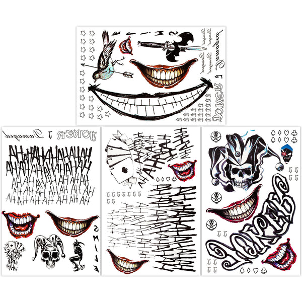 4 Sheets Large-Size Joker Tattoos, NEDEQI Halloween Fake Temp Tattoo for Men Adult - All Versions - Realistic & Last Long Joker Sticker Perfect for Halloween Costumes Cosplay Makeup Party Accessories