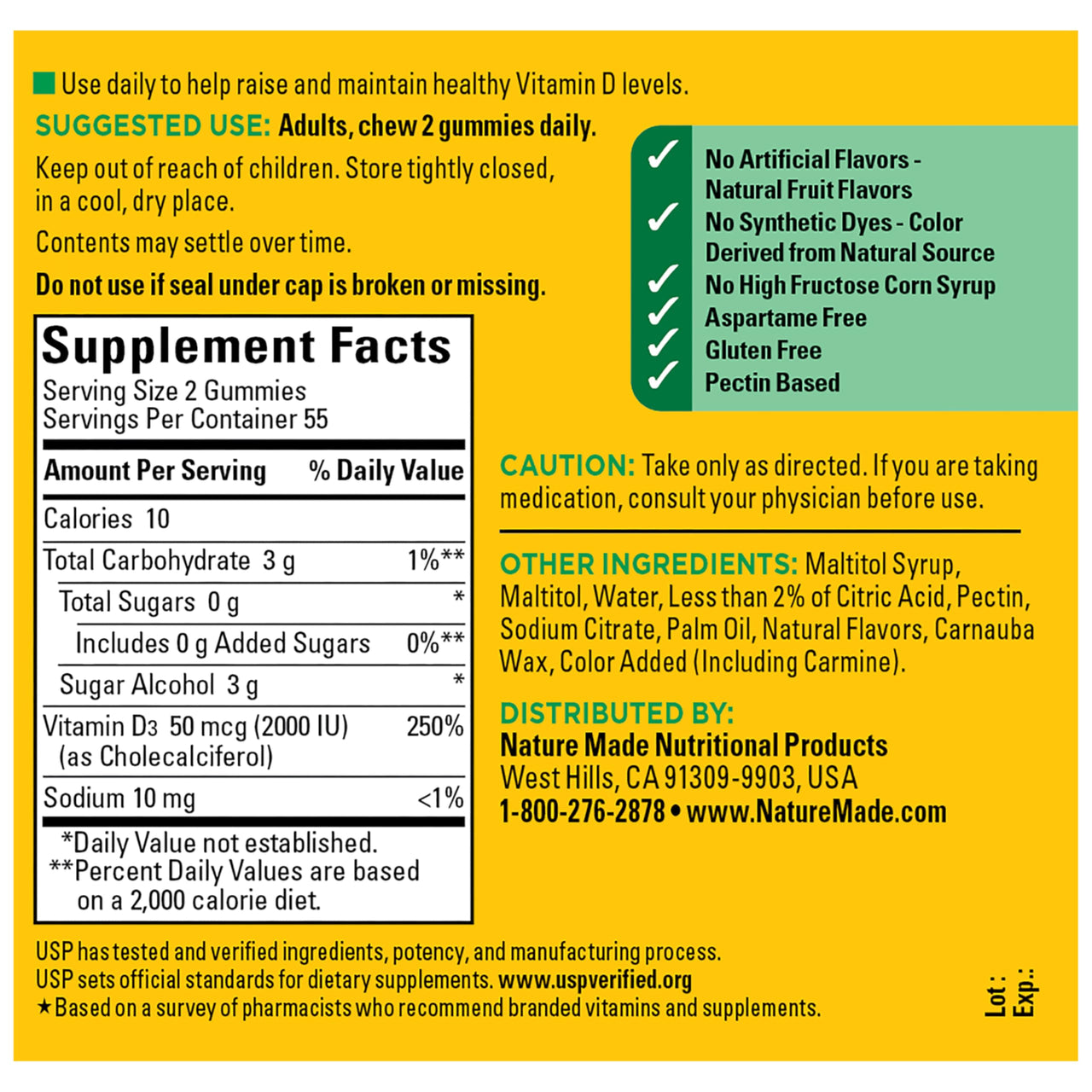 Nature Made Zero Sugar Vitamin D3 Gummies 2000 IU (50 mcg) Per Serving, Bone & Immune Support, Aspartame Free, 110 Vitamin D Gummies, 55 Day Supply