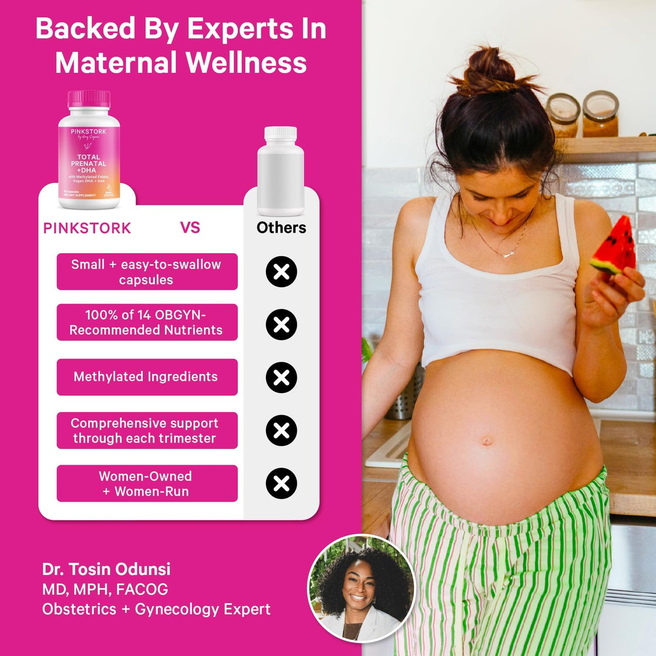 Pink Stork Total Prenatal Vitamins with DHA, Folate, Iron, Choline, and Vitamin B12 - Prenatals for Women to Support Fetal Development, Pregnancy Essentials, Berry Essence, 60 Capsules, 1 Month Supply