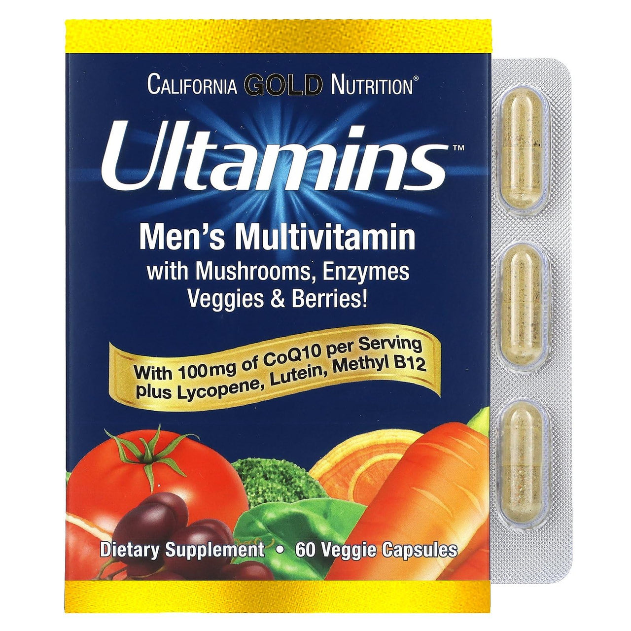 California Gold Nutrition Ultamins Men's Multivitamin with CoQ10, Mushrooms, Enzymes, Veggies & Berries, 60 Veggie Capsules
