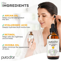 Thumbnail for PURA D'OR 20% Vitamin C Serum 4 Oz - Lightweight Maximum Strength Formula - Retinol, Hyaluronic Acid, Ferulic Acid - Professional Grade Treatment For Face & Eyes, Wrinkles - Men & Women