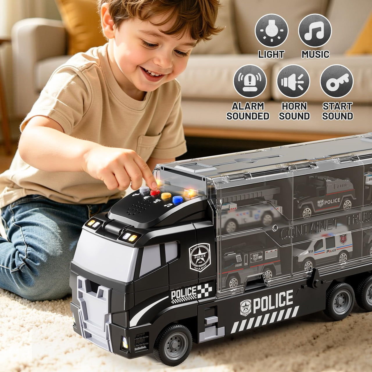 XINNOVEL Carrier Truck Toddlers Toys for 3 4 5 6 7 Years Old Boys, Toy Truck Transport Car & Die-Cast Car and Play Mat, Police Car Toys Birthday Gifts for Kids 3 4 5 6 7 8+ Years Old Boys Girls