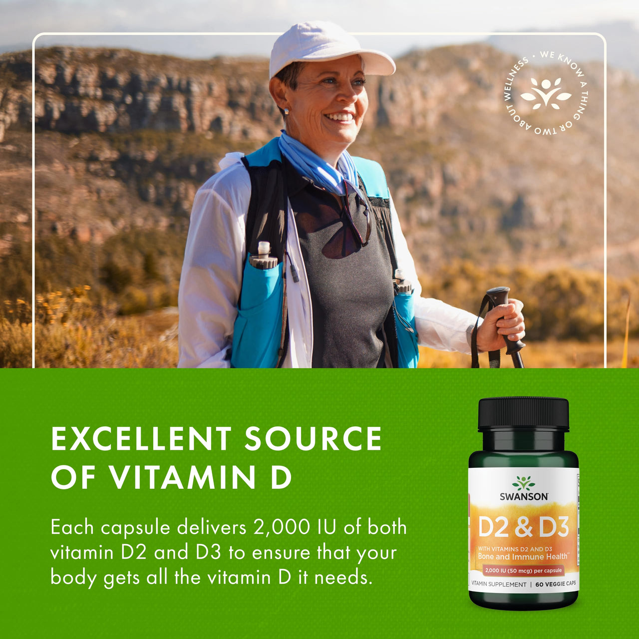 Swanson Vitamin D Complex with Vitamins D2 & D3 - Complete Sunshine Vitamin Complex for Bone, Dental & Immune Health - Vitamin Supplement (50 mcg, 60 Veggie Capsules)