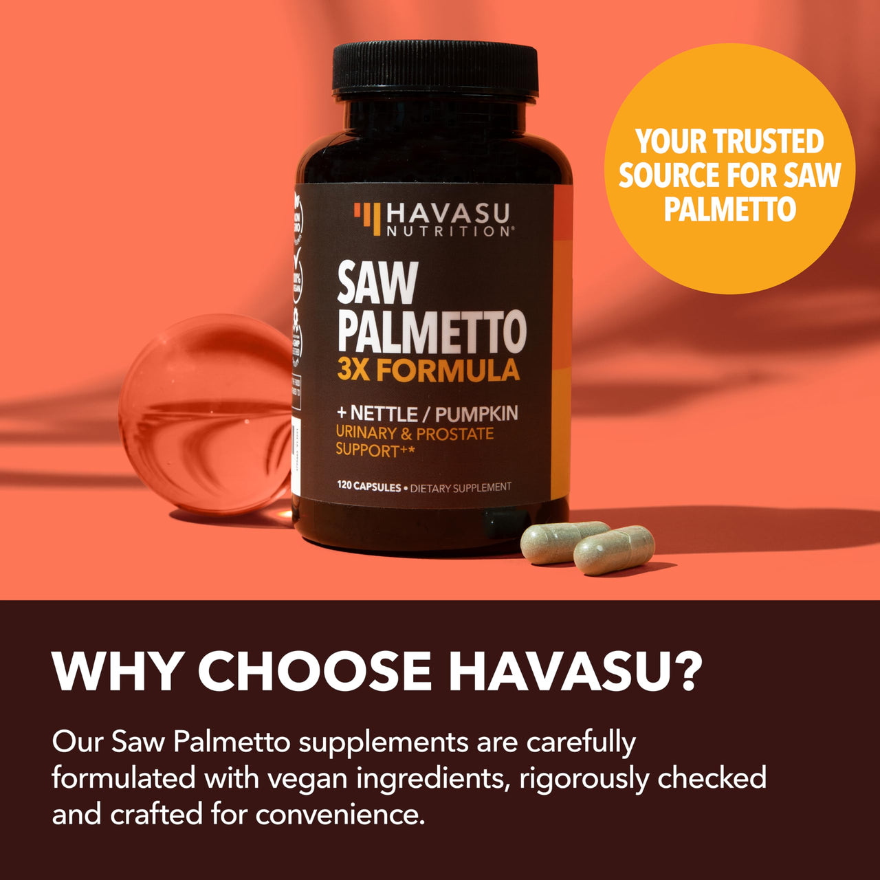 Saw Palmetto Supplement with Stinging Nettle and Pumpkin Seed Extract - Advanced 3X Formula - DHT Blocker Urinary Health and Prostate Support for Mens Health - Vegan, Non-GMO Capsules - 2 Month Supply