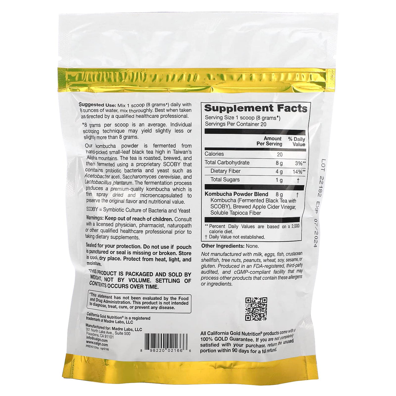 California Gold Nutrition Superfoods, Kombucha Powder, Unflavored, 5.64 oz (160 g)