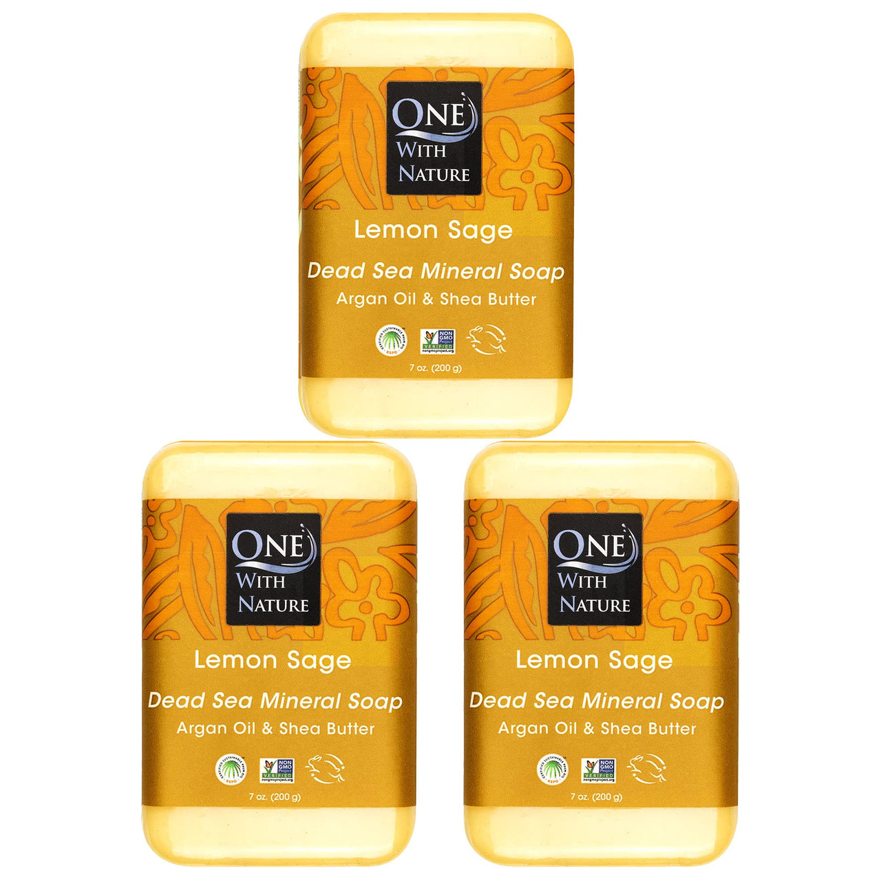 One With Nature Dead Sea Salt Lemon Sage Soap 7oz 3-Pack – Purifying and Exfoliating Soap Bar with Dead Sea Minerals for Face & Body, for Men & Women
