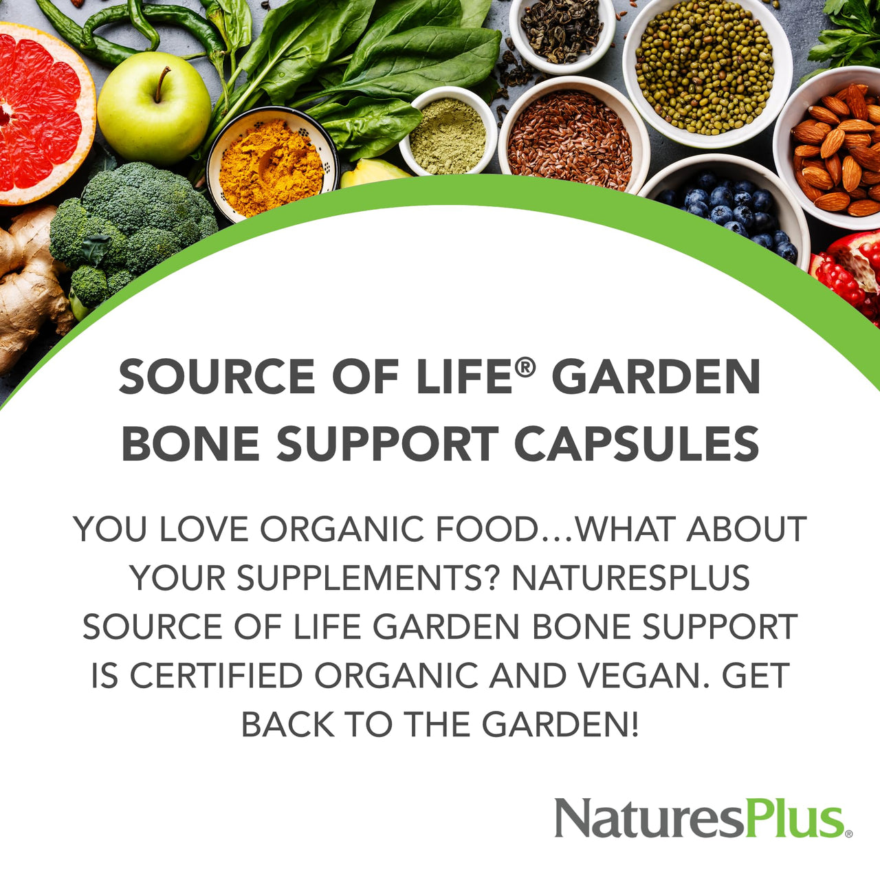 NaturesPlus Source of Life Garden Bone Support - 120 Capsules - Calcium and Magnesium Supplement with Vitamin D3 & K2 - USDA Certified Organic, Non-GMO, Vegan, Gluten Free - 30 Servings