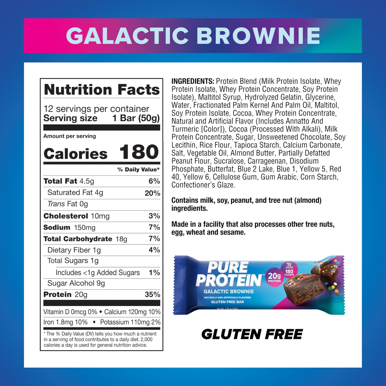 Pure Protein Galactic Brownie Protein Bars – 20g Protein, 3g Sugar, 190 Calories (12 count) Low Sugar* High Protein Snack - Gluten Free - Perfect for a Healthy Snack