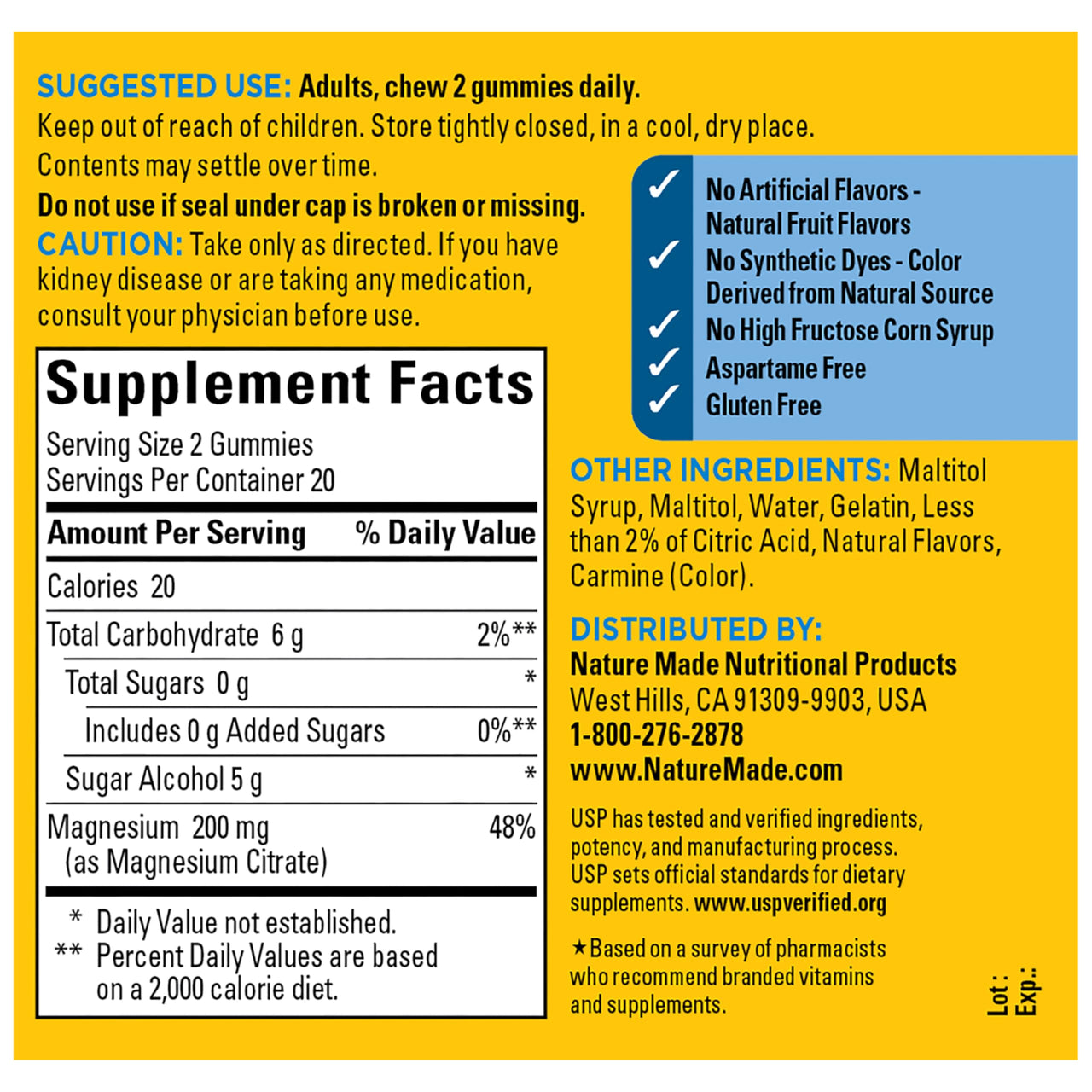 Nature Made Zero Sugar Magnesium Citrate Gummies 200 Mg Per Serving, Muscle & Bone Support, Aspartame Free, 40 Sugar Free High Absorption Magnesium Gummies, 20 Day Supply