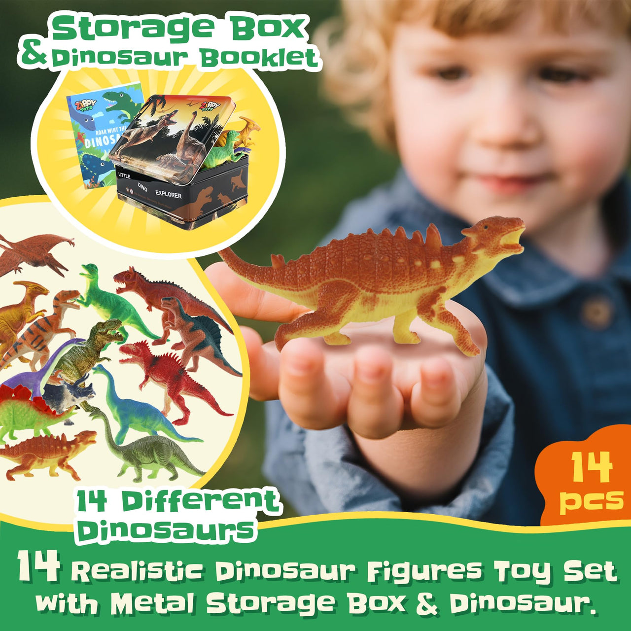 Zippytots Dinosaur Toys for Kids 3-5-7-14 Realistic Plastic Dinosaur Figures with Metal Storage Box & Learning Booklet - Educational Dino Figure Toys for Boys Girls Toddlers