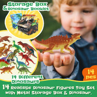 Thumbnail for Zippytots Dinosaur Toys for Kids 3-5-7-14 Realistic Plastic Dinosaur Figures with Metal Storage Box & Learning Booklet - Educational Dino Figure Toys for Boys Girls Toddlers