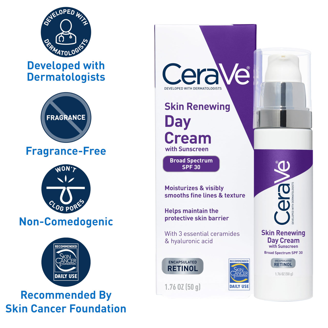 CeraVe Anti-Aging Face Cream SPF 30, Anti-Wrinkle Retinol Cream with Hyaluronic Acid and Ceramides, 1.76 oz
