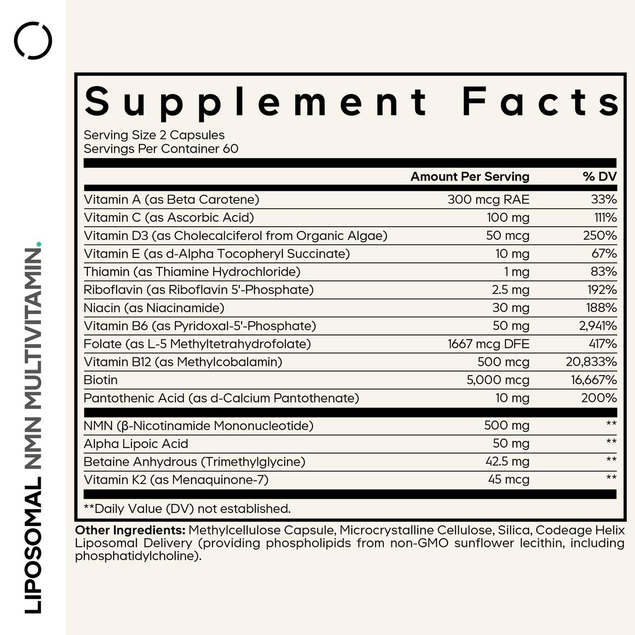 Codeage Liposomal NMN Multivitamin Supplement – NMN 500 mg Nicotinamide Mononucleotide with Vitamins A, C, D3, E, K2, B-Complex - Alpha Lipoic Acid, TMG Betaine – Non-GMO – 120 Capsules