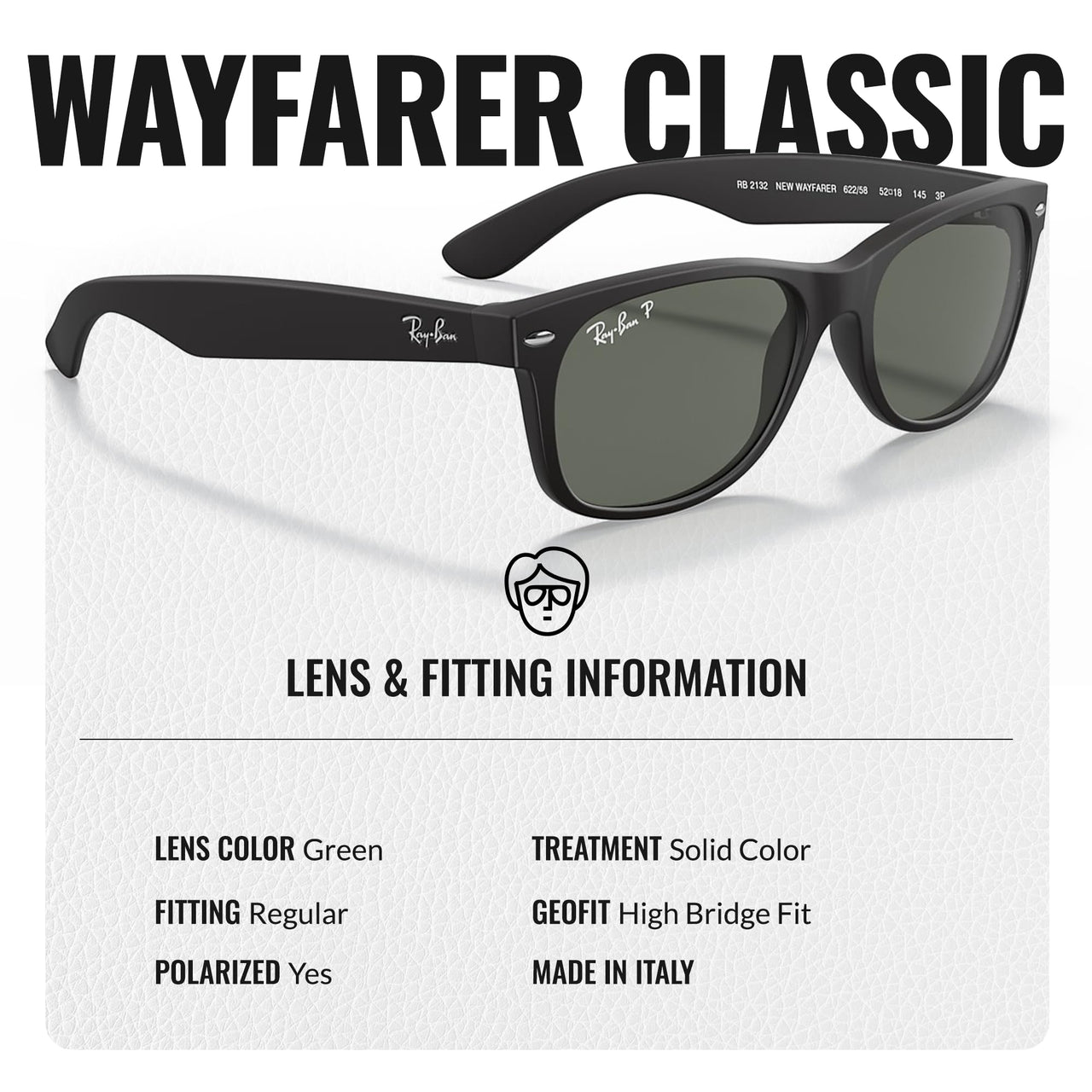 Ray-Ban RB2132 NEW WAYFARER CLASSIC POLARIZED Square Shaped Sunglasses for Men & Women – Includes Official Rayban Eyewear Kit – Ideal Formal & Casual Wear Sunglasses – Green Lens