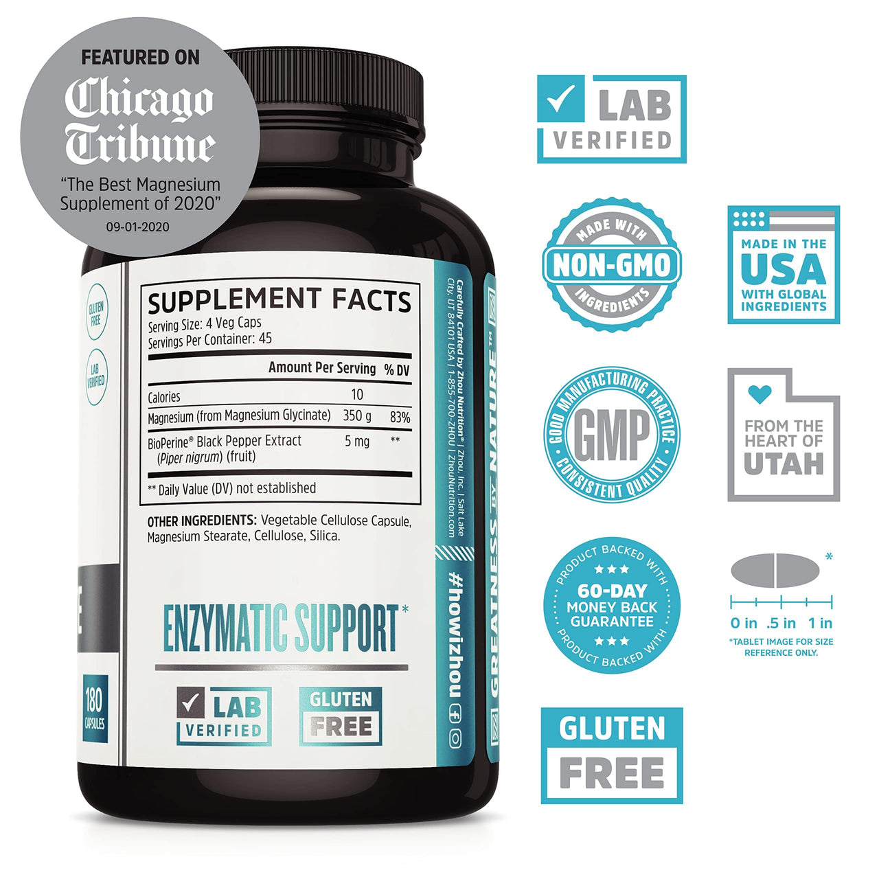 Zhou Magnesium Glycinate - Pure Mag Glycenate Supplement for Men & Women, Natural Sleep Aid, Heart Health Support, Muscle Relaxation & Vitality - 180 Vegan Friendly Capsules