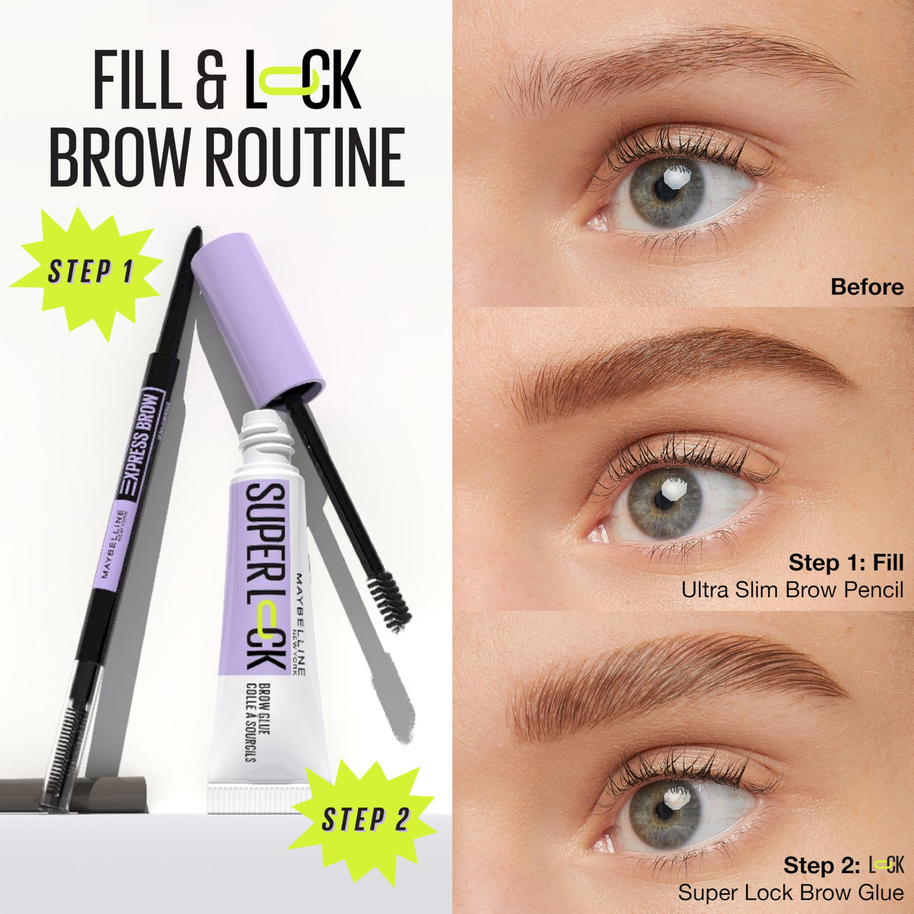 Maybelline Super Lock Brow Glue Eyebrow Gel, Lightweight and Waterproof Tinted Brow Gel For Up To 24HR Hold, Medium Brown, 1 Count