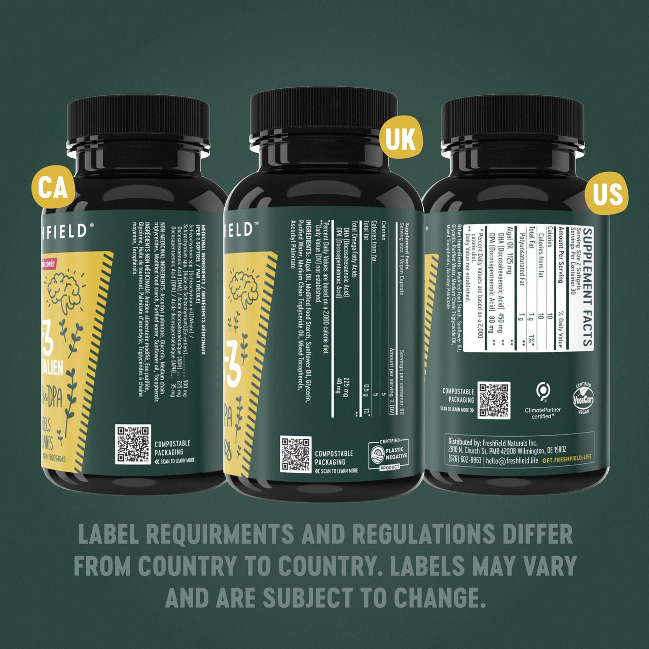 Freshfield Vegan Omega 3, Algae (Algal) Oil, Fish Oil Free Company, Third Party Tested, Carrageenan Free, DHA Supplement w/DPA, Plant Based Omega. Supports Heart, Brain, Joint Health