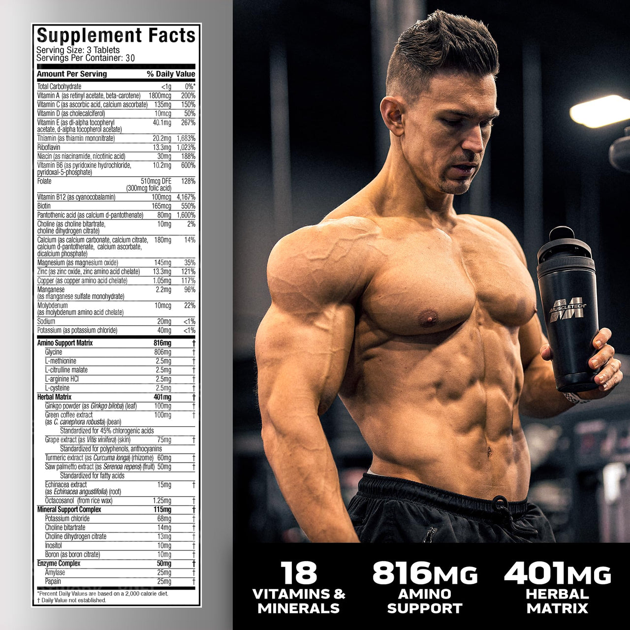 MuscleTech Platinum Multivitamins for Men & Women - Multi-Vitamin Supplement for Immune Support - 18 Vitamins & Minerals, Vitamin A C D E B6 B12 - Daily Workout Supplements for Men - 90 Capsules