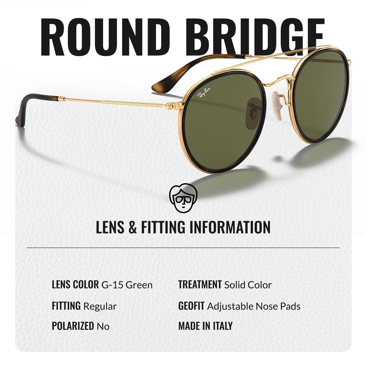 Ray-Ban RB3647N ROUND DOUBLE BRIDGE Round Shaped Non-Polarized Sunglasses for Men & Women – Includes Official RAYBAN Eyewear Kit – Ideal Formal & Casual Wear Sunglasses – G-15 Green Lens