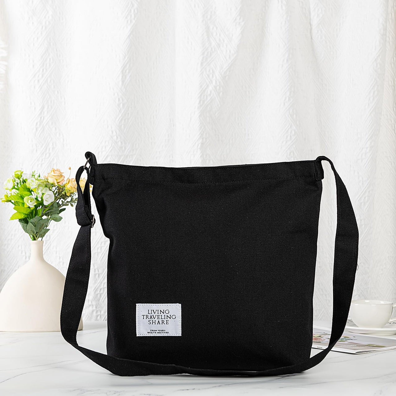Covelin Women's Retro Large Size Canvas Shoulder Bag Hobo Crossbody Handbag Casual Tote Black